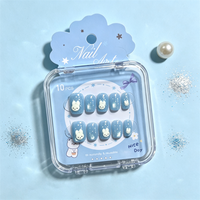Ongles à presser de luxe mignons 10 pièces, forme cercueil œil de chat, bleu clair, paillettes, lapin blanc, décor 3D, réutilisables, kit de préparation des ongles en ABS pour doigts