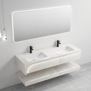 Mueble de Baño Blanco para Montar en la Pared con Espejo LED Integrado, Lavabo de Cerámica, Encimera de Losa y Doble Estante Flotante - Product Image 2