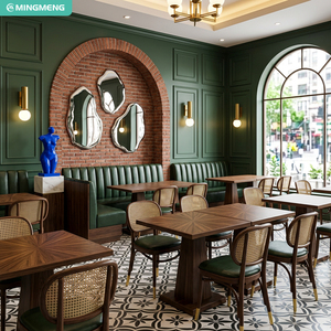 Ensemble de meubles de bistrot style rétro, table carrée en bois massif, chaises avec dossier en rotin et assise en cuir rembourrée, pour café, projet de restauration commerciale - Product Image 2