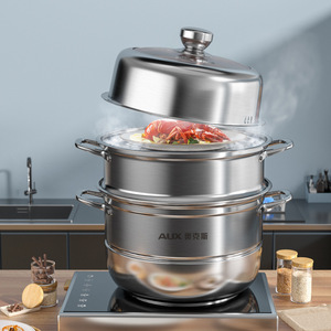 AUX 304 Stainless Steel 3-Layer <b>Steamer</b> Pot With Glass Lid For Gas And Induction Cooker - Product Image 2