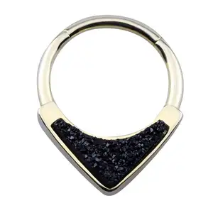 925 Sterling Silver Piercing Luxury Black Drusy Hinged Clicker Segment Gold Hoop Skinny Nose Rings Studs Jewels For Women