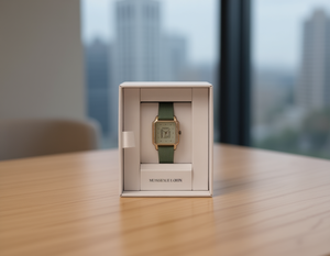 MOSSEALE LOON Orologio da donna rettangolare alla moda, cassa placcata in oro, cinturino in pelle verde, resistente all'acqua - Product Image 2