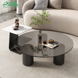 Meja Kopi Kaca Temper Modern Wayon Furniture dengan Rangka Kayu Solid dan Alas Logam Hitam - Product Image 1