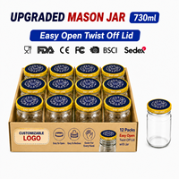 Pot Mason en verre de 500 ml avec couvercle à ouverture facile par torsion, pot de conserve avec couvercle pour sauce chili, miel, confiture, cornichons, OEM ODM 16 oz, 12 ensembles