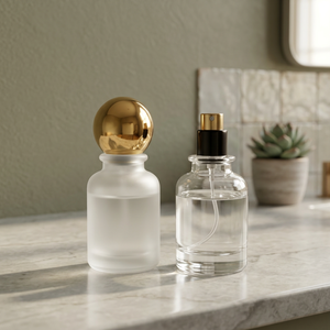 Flacon de parfum en verre givré avec pompe, bouchon personnalisé unique et luxueux, flacon de parfum avec bouchon métallique et vaporisateur. - Product Image 1