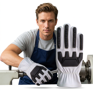 Gants de travail en cuir blanc avec paume et bouts des doigts antidérapants à motif de pneu de tracteur noir, poignets froncés, gants de sécurité polyvalents - Product Image 2
