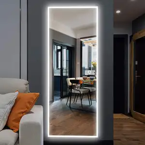 Miroir de sol intelligent de salle de bain, affichage de l'heure et de la température sans cadre, miroir pleine longueur avec lumières