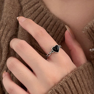 S925 Sterling Silver Black Agate Heart <b>Ring</b> <b>Open</b> Design For Index Finger Women's Jewelry Everyday Wear - Product Image 2