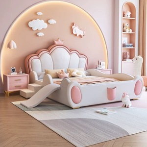 Muebles de Dormitorio Modernos de Lujo Camas Suaves Tapizadas Tamaño Queen <span class=keywords><strong>Cama</strong></span> <span class=keywords><strong>Doble</strong></span> para Niños <span class=keywords><strong>con</strong></span> Marco de Tobogán Diseño para Niñas en Rosa y Niños en Azul - Product Image 1