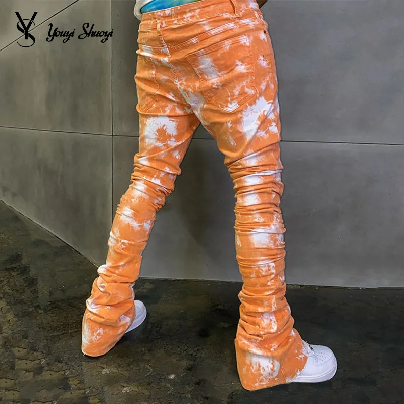 YYSY Streetwear jeans empilables de mode logo personnalisé couleur denim fabricant de pantalons évasés vente en gros jeans empilés tie dye hommes