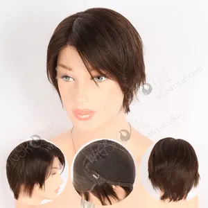 Toptan perakende saptanamayan şeffaf HD dantel koyu kahverengi özel bakire saç kısa peri kesim insan saçı peruk