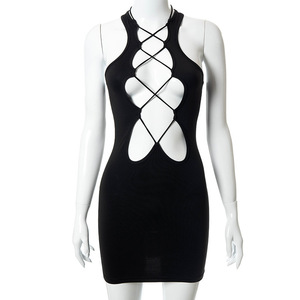 Calda estate nuova tinta unita sottile scollo a V cravatta in corda vuota senza maniche alla moda vestito Sexy - Product Image 6