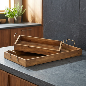 Plateau de service en bois et en verre, plateau décoratif pour la maison de couleur marron, plateau de service en bois, en bois de manga naturel - Product Image 3