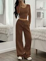 Ensemble décontracté YZ Factory pour femmes, style européen et américain, pantalon large et haut à manches longues col rond de couleur unie, vente en gros