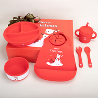Professionnel en gros Portable 7 pièces bébé alimentation ensemble cadeau de noël y compris bavoir bol cuillère fourchette plateaux Silicone de qualité alimentaire