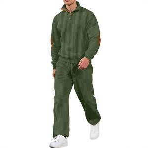 Conjunto de Polo de Punto Acanalado Verde Militar para Hombre con Parches en los Codos, Ropa Casual para Ocio, Ajuste Holgado, Fibra de Poliéster DF-513 - Product Image 1