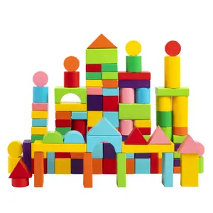 Wooden Building Blocks Colored Particle Shape and Matching Educational Toys