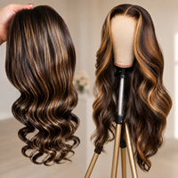 Mixte 4 # /27 #   Perruques Lace Front Cheveux Humains Blond Miel avec Mèches, Ondulées, Densité 150% 180% 200%, Perruques Colorées Blond Miel et Marron