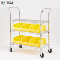 Chariot industriel robuste à 3 niveaux en métal MZG pour manutention, déménagement et stockage, avec étagères grillagées