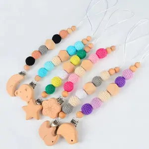 Hot Sale Anti-drop Beech Wood Baby Pacifier Chain Baby Teethers Wooden Beads ChainTeething Pacifier Holder For BabyClips