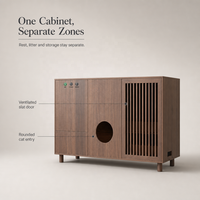 Meuble intelligent pour animaux de compagnie couleur noyer, maison en bois pour chat avec lit, bac à litière et rangement, contrôle via application OTA