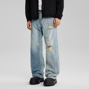 Homens Lavagem de Alta Qualidade Desbotada Azul Splicing Moda <span class=keywords><strong>Jeans</strong></span> Casual Rasgado Baggy Straight <span class=keywords><strong>Jeans</strong></span> Custom Men Whisker Designer <span class=keywords><strong>Jeans</strong></span> - Product Image 1