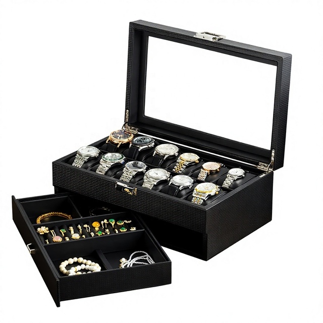 Rectangular Watch Jewelry Double-Layer 12-Watch MDF Leather Protective Eco-Friendly Display Storage Box Desktop Model