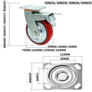 Polyurethane Swivel Plate Locking Casters Wheels 5 Inch Heavy Duty Cast Iron Core Pu Caster Wheels 300kg