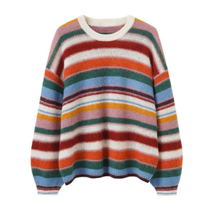 BS26 Early Spring Dopamine Contrast Striped Wool Mohair Blend Color Matching Pullover Sweater <strong>Top</strong> Women's Full Sleeve <strong>Rainbow</strong> - Product Image 5