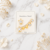 Anting-anting berlapis emas baja tahan karat multi stud, antialergi, perhiasan kristal, gaya bertumpuk, mode sehari-hari untuk wanita