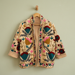 Veste bomber en coton à motif floral matelassé, brodée Suzani, tricotée, écologique, col en V, manches longues, automne-hiver pour femmes - Product Image 1