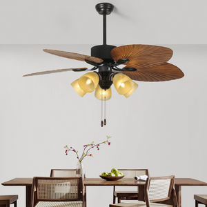 Ventilateurs de plafond rétro nordiques à 5 pales en plastique, supports E27 avec abat-jour en verre, corps en métal, moteur AC/DC, télécommande à chaîne - Product Image 1