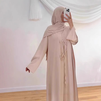 Ensemble deux pièces Abaya décontractée en satin uni, à nouer devant, coupe ample, manches longues, pour femme musulmane, style maxi modeste, kaftan quotidien, robe assortie