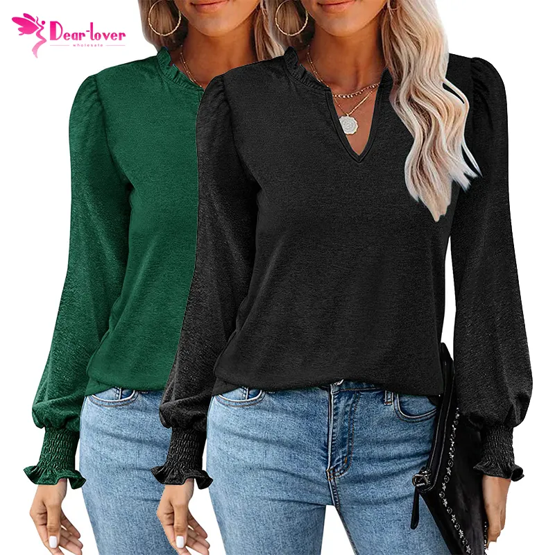 2023 Ribbed Black Green Frill V Neck Puff Knit Long Sleeve Fashion Tops Blouse Women Clothing