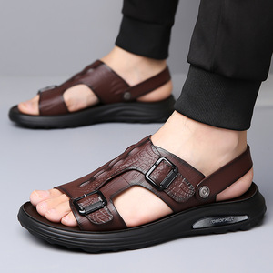 Sandales pour hommes à bride en T, en cuir véritable, à bout ouvert, semelle extérieure en caoutchouc antidérapante, chaussures décontractées d'été - Product Image 2