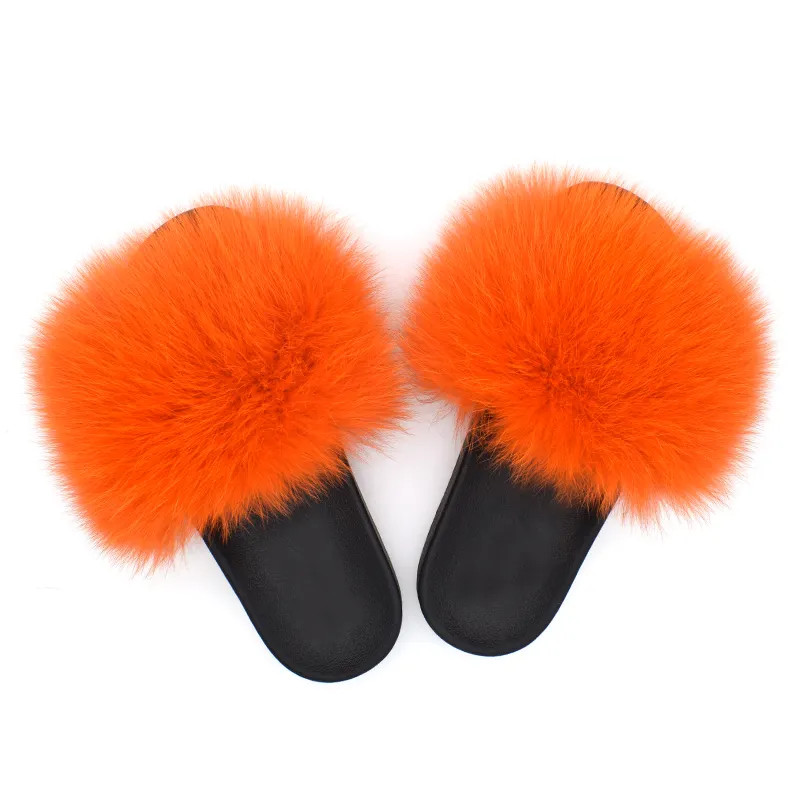 JiMi OEM custom hot pink black color ladies women and girl slides mink fox fur slippers