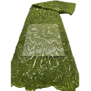 Tissu KC Vert Olive Pivoine Strass Paillettes Tulle Dentelle Maille Respirante Poids Moyen Tricoté Africain Aso Ebi Mariage Soirée - Product Image 1