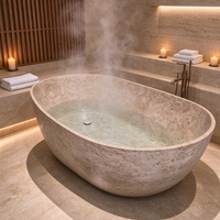 Baignoire autoportante HONGDEC de luxe en pierre artificielle à texture travertin, baignoire ovale pour trempage, salle de bain