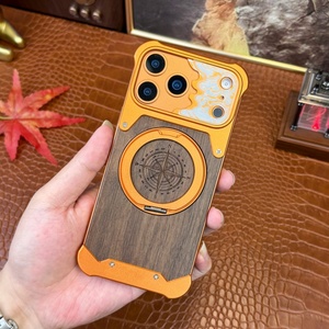 เคสแม่เหล็กแผ่นหลังไม้วอลนัทใหม่สำหรับ iPhone 17 13 14 15 16 Pro Max พร้อม 360 °   ขาตั้งโทรศัพท์แบบวงแหวน อลูมิเนียมอัลลอยด์ ฝาครอบไร้ขอบ - Product Image 1