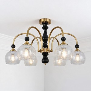 Retro American & French Style Copper Chandelier Amber Glass ceiling <b>Light</b> Base Adjustable Height for Living <b>Dining</b> Room - Product Image 1