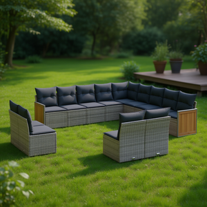 Ensemble de canapés de jardin en rotin gris pour l'extérieur, 10+ places, structure en teck, résistant aux intempéries, design contemporain - Product Image 2