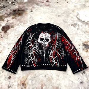 Sudadera de cuello redondo estilo urbano atrevido con estampado digital de calaveras y esqueletos, 100% algodón, hombros caídos, remaches y diseño oversize, novedad 2026 - Product Image 1
