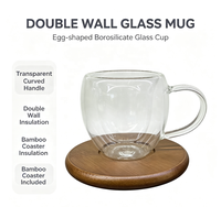 Doppelwandige Borosilikatglas-Kaffeetasse, Transparente Isolierte Teetasse mit Henkel und Holzuntersetzer für Zuhause und Büro, Latte, Cappuccino