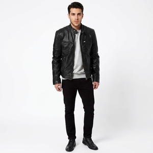 Finer Threads Men's Black Oversized Cowhide Leather Coated Breathable Vintage Varsity <b>Jacket</b> Stand Collar Custom Made Autumn - Product Image 1
