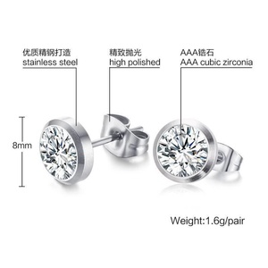 Fashion Jewelry Stainless Steel 8mm Round Zircon <b>Stud</b> <b>Earrings</b> Silver Single Cz Stone Diamond <b>Stud</b> <b>Earrings</b> - Product Image 2