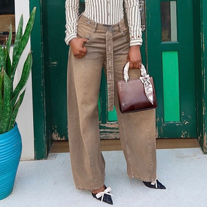 Jeans à jambes larges délavés pour femmes, style vagabond, avec ceinture patchwork, lavage résistant, style rétro, pantalon de rue - Product Image 1
