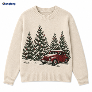 Pull en cachemire pour homme, Noël, motif neige, sapin, voiture rouge, col rond, manches longues, logo personnalisé, OEM, ODM - Product Image 3