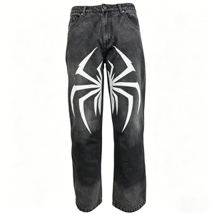 Jeans droits tendance personnalisés, effet délavé, imprimé graphique, streetwear, pantalon en coton pour homme - Product Image 1