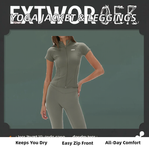 High Quality <b>Women</b> Solid Breathable Zipper Front Yoga <b>Jacket</b> and Leggings Two Piece Seamless Fitness Workout Set - Product Image 2