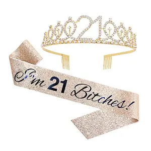 21st cumpleaños tiara nupcial Suppliers-Conjunto de Tiara con diamantes de imitación para niña y mujer, banda para cumpleaños 21 °, Fiesta, recuerdo, decoraciones para fiesta de cumpleaños